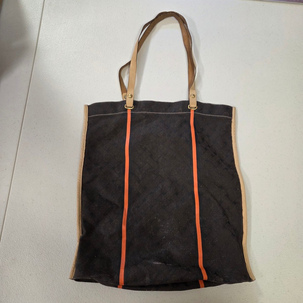 Cole Haan Black Canvas Tote Bag Orange Racing Stripes Leather Straps